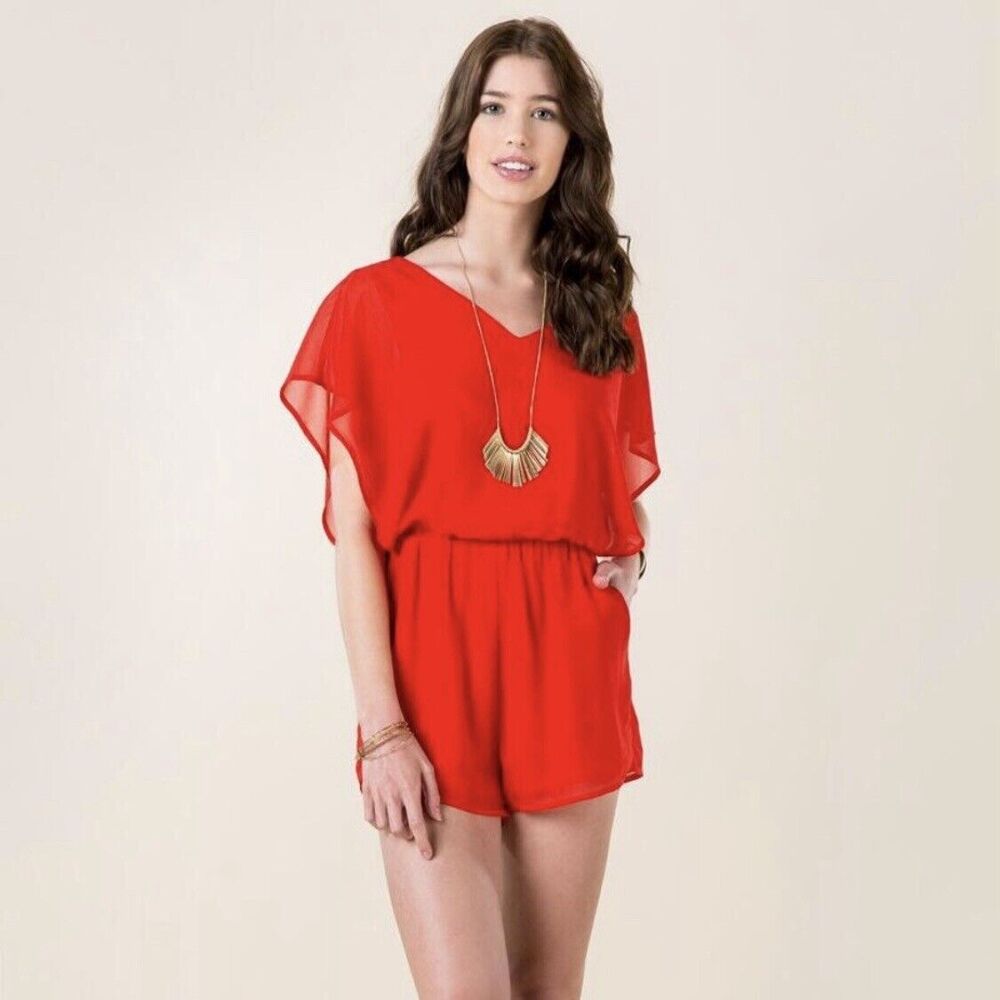 Miami Bright Red Lined Chiffon V Neck Elastic Waist Romper Size‎ XS EUC